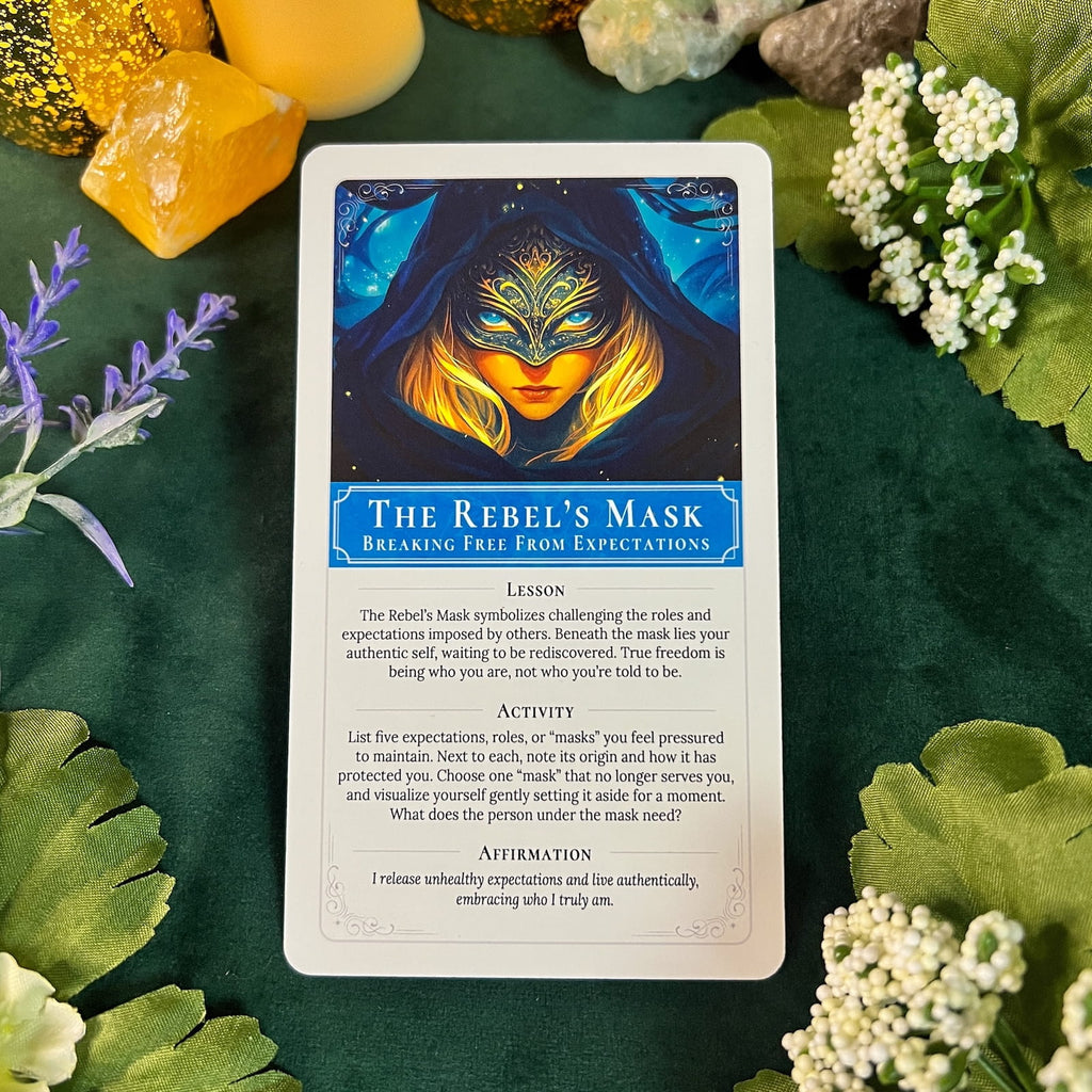 A card titled 'The Rebel's Mask' is displayed flat on a dark green background decorated with leaves, white flowers, crystals, and a gold ornament. The card features an illustration of a face wearing a blue and gold mask, surrounded by text instructions.