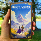 A fantasy-themed self-discovery card deck titled 'Hero's Ascent' held by a hand outdoors with a scenic forest background.