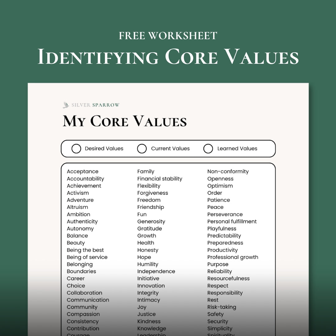 Free Identifying Core Values PDF worksheet for therapists, counselors, and mental health professionals