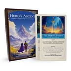 Hero's Ascent card deck featuring fantasy-themed self-discovery cards; includes illustrated box with fantasy artwork and highlights "The Hero's Sword – Claim Your Power," card that is designed to support personal growth, healing, and confidence-building.
