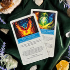 Two oracle cards, titled 'The Phoenix' and 'The Wanted Forest', are displayed on a dark green velvet cloth surrounded by crystals and purple flowers. The cards feature vibrant, colorful illustrations of a fiery phoenix and a glowing forest, with text boxes below the artwork.