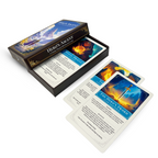 Open Hero's Ascent card deck showcasing fantasy-themed self-discovery cards laid out beside the box; visible cards include "Mystic Oracle" and "The Hero’s Sword," each offering therapy-inspired prompts for emotional growth, confidence, and inner clarity.