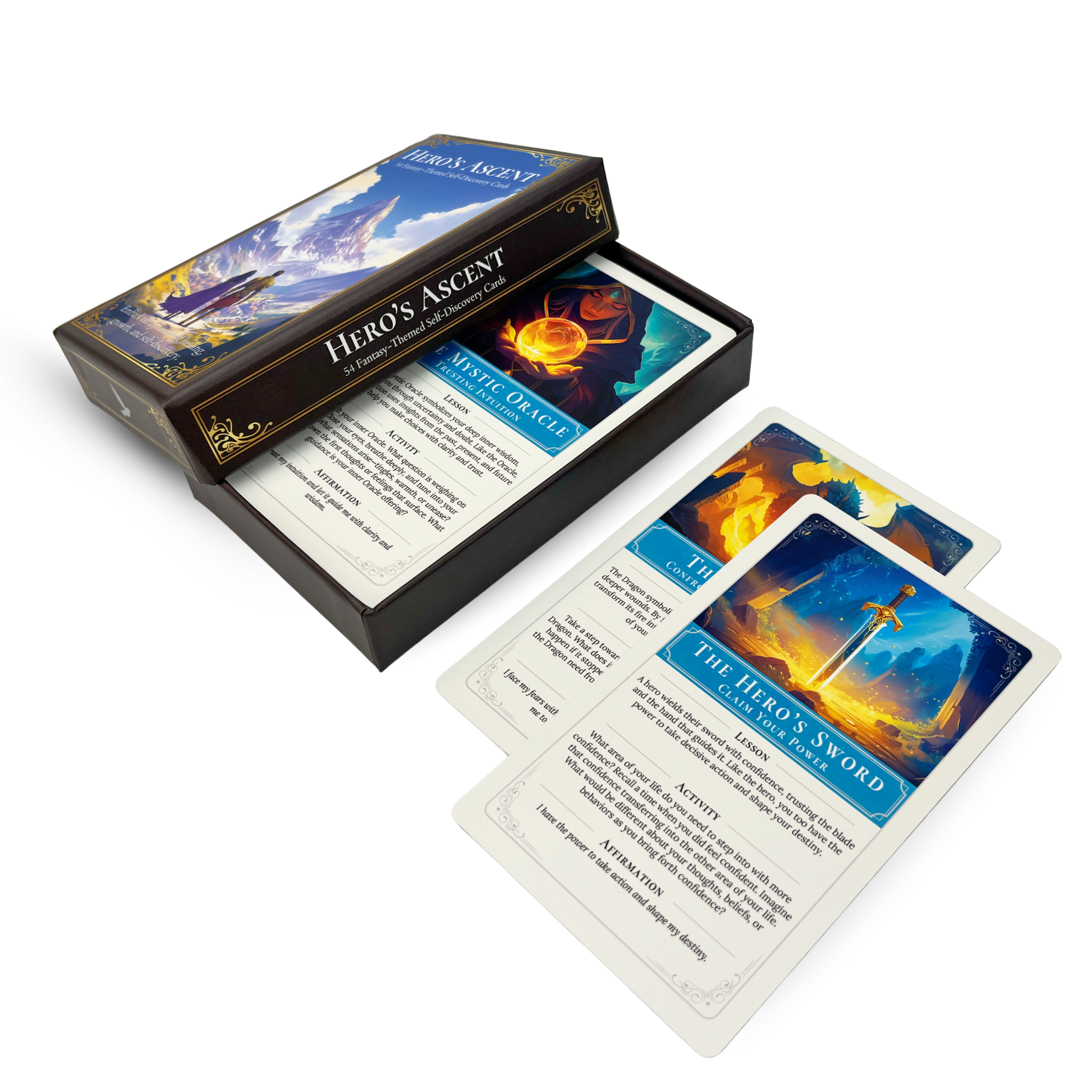 Open Hero's Ascent card deck showcasing fantasy-themed self-discovery cards laid out beside the box; visible cards include "Mystic Oracle" and "The Hero’s Sword," each offering therapy-inspired prompts for emotional growth, confidence, and inner clarity.