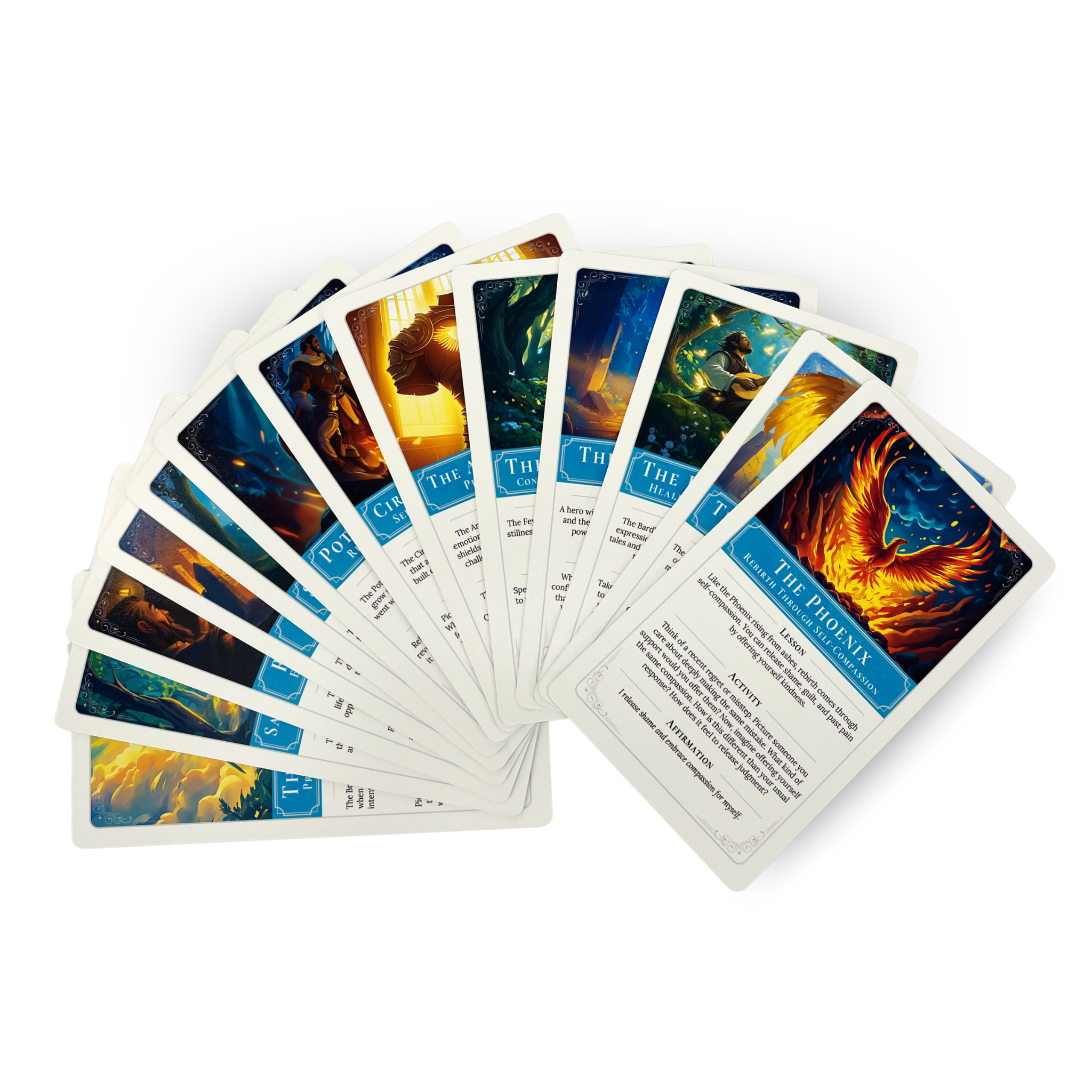 Fan spread of Hero’s Ascent self-discovery cards featuring vivid fantasy artwork and titles like “The Phoenix,” “The Hero’s Sword,” and “Potion of Strength”; each card offers guided prompts and affirmations to support personal growth, healing, and emotional resilience.