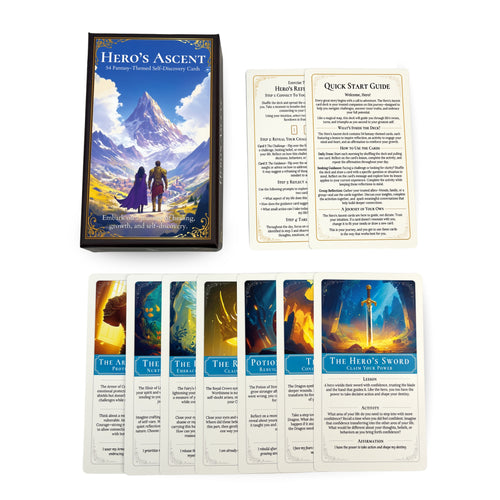 Hero's Ascent card deck full product display showing storage box, Quick Start Guide, guided instruction cards, and 54 fantasy-themed self-discovery cards laid out each with a lesson, activity, and affirmation for emotional growth and personal development.